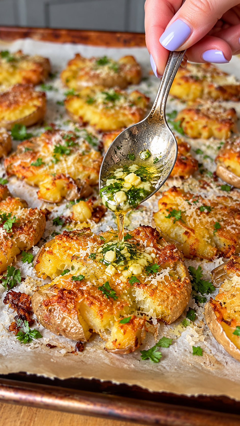 Ultra-Crispy Smashed Garlic Butter Potatoes with Parmesan & Herbs